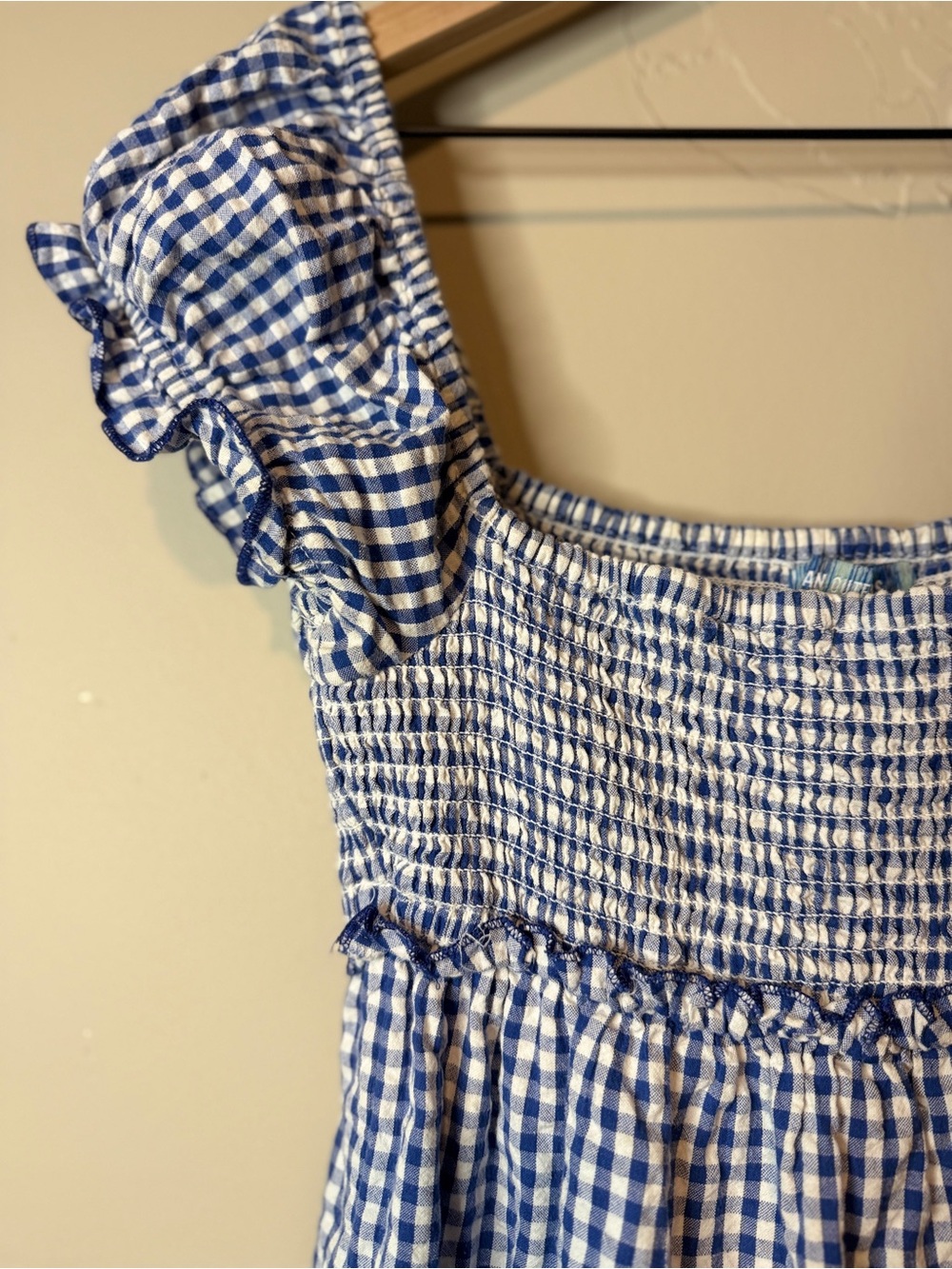 Urban Outfitters Gingham Mini Dress XS Blue White Puff Sleeve Dress - Picture 4 of 4
